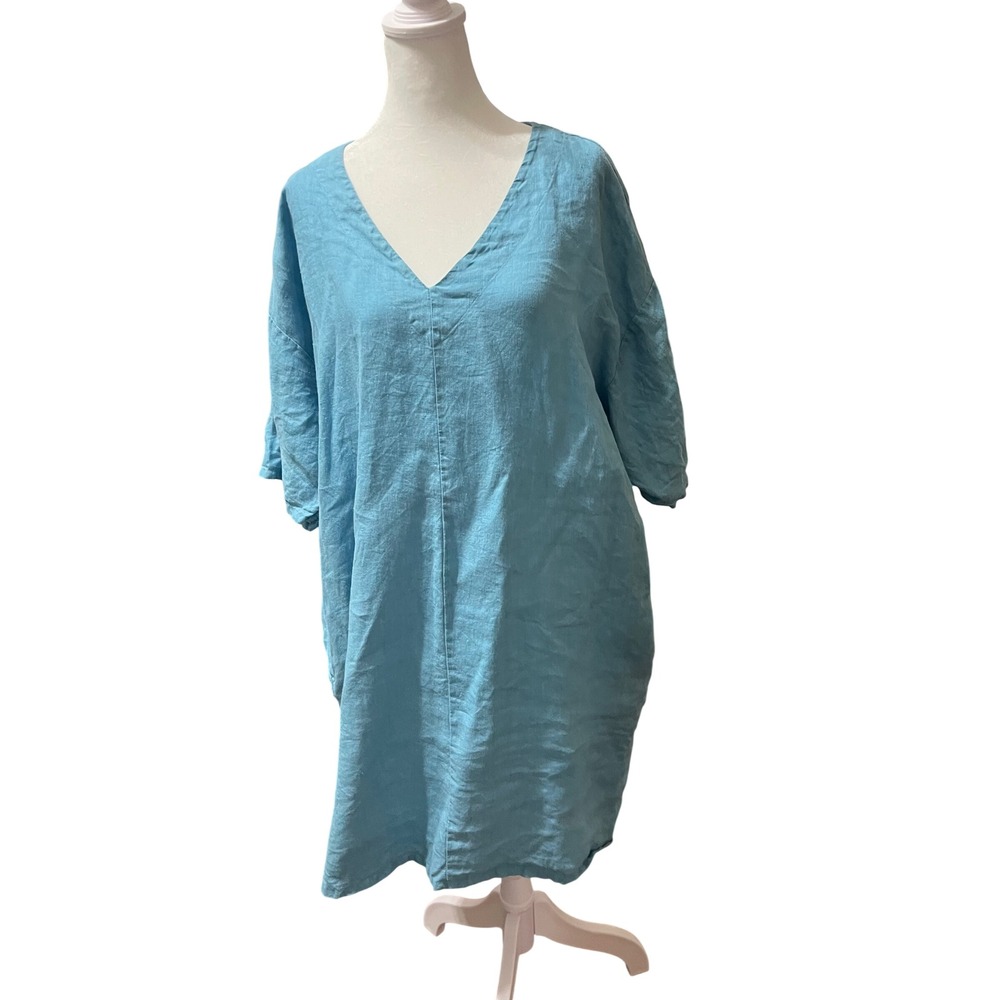 Bryn Walker Womens 100% Linen V-Neck Tunic Top Blue Oversized Made in USA